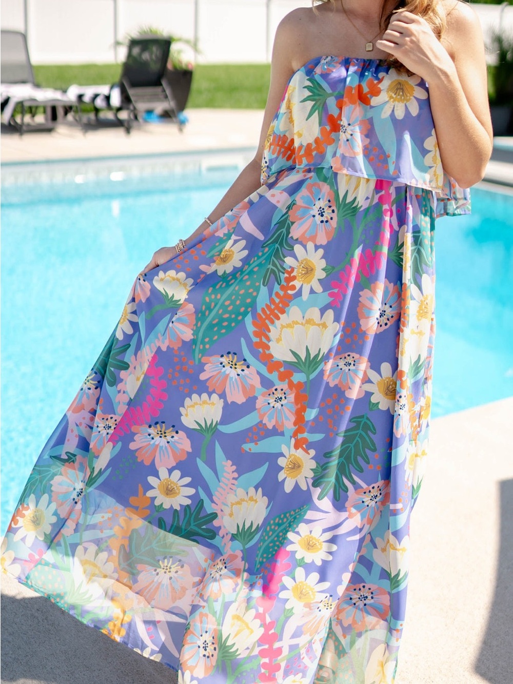 Entro strapless colorful tropical print maxi dress  | Size  L | blue, multicolor